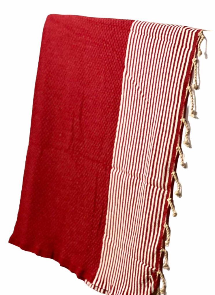 Fouta Rubis en Bambou et Coton – Rouge Profond & Rayures Crème