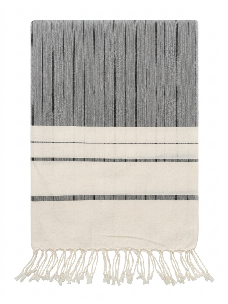 Fouta Linéa en Bambou et Coton – Gris Anthracite & Écru