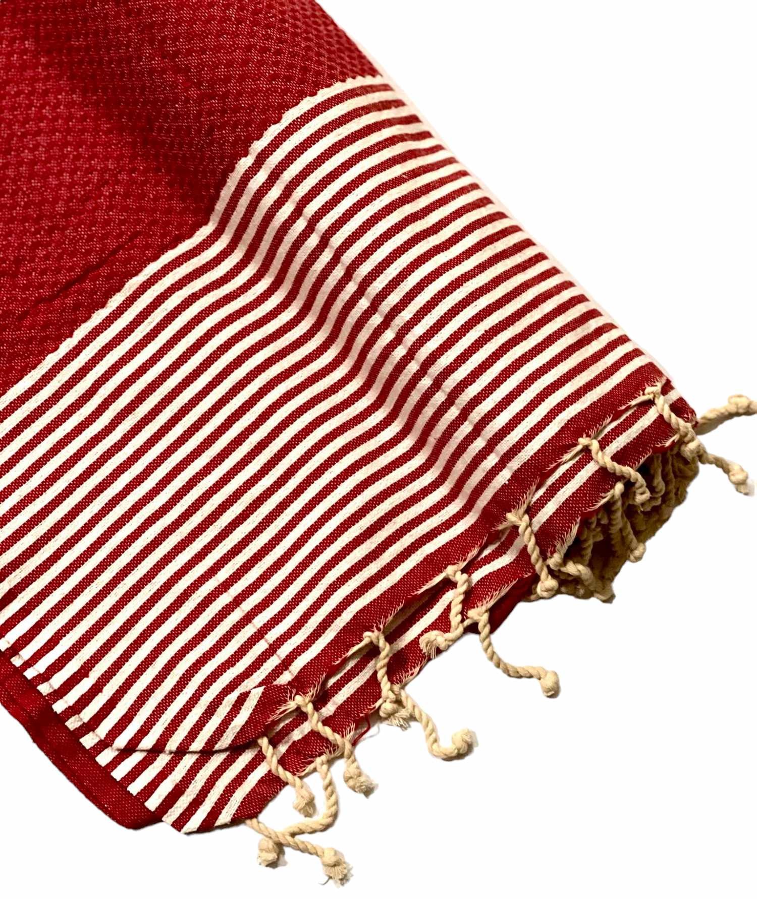 Fouta Rubis en Bambou et Coton – Rouge Profond & Rayures Crème - Image 2